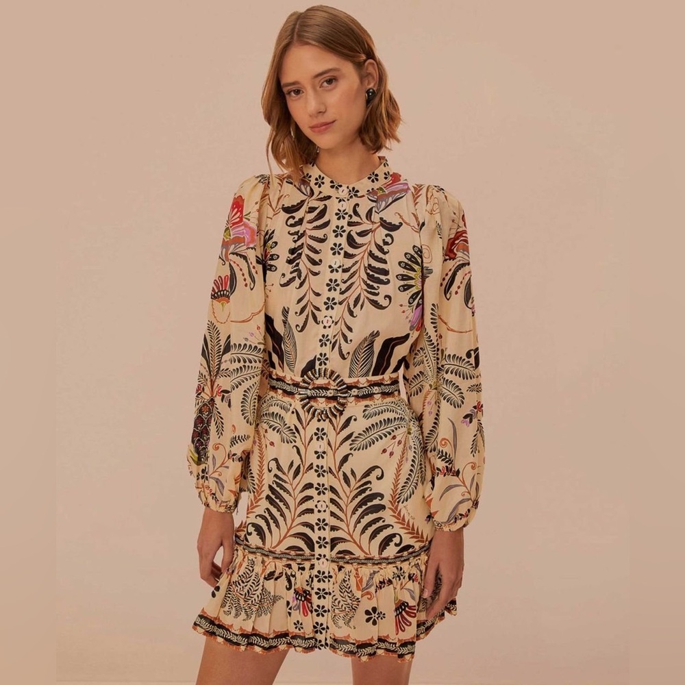FARM Rio Cream Botanical-Print Long Sleeve Mini Dress with Colorful Florals